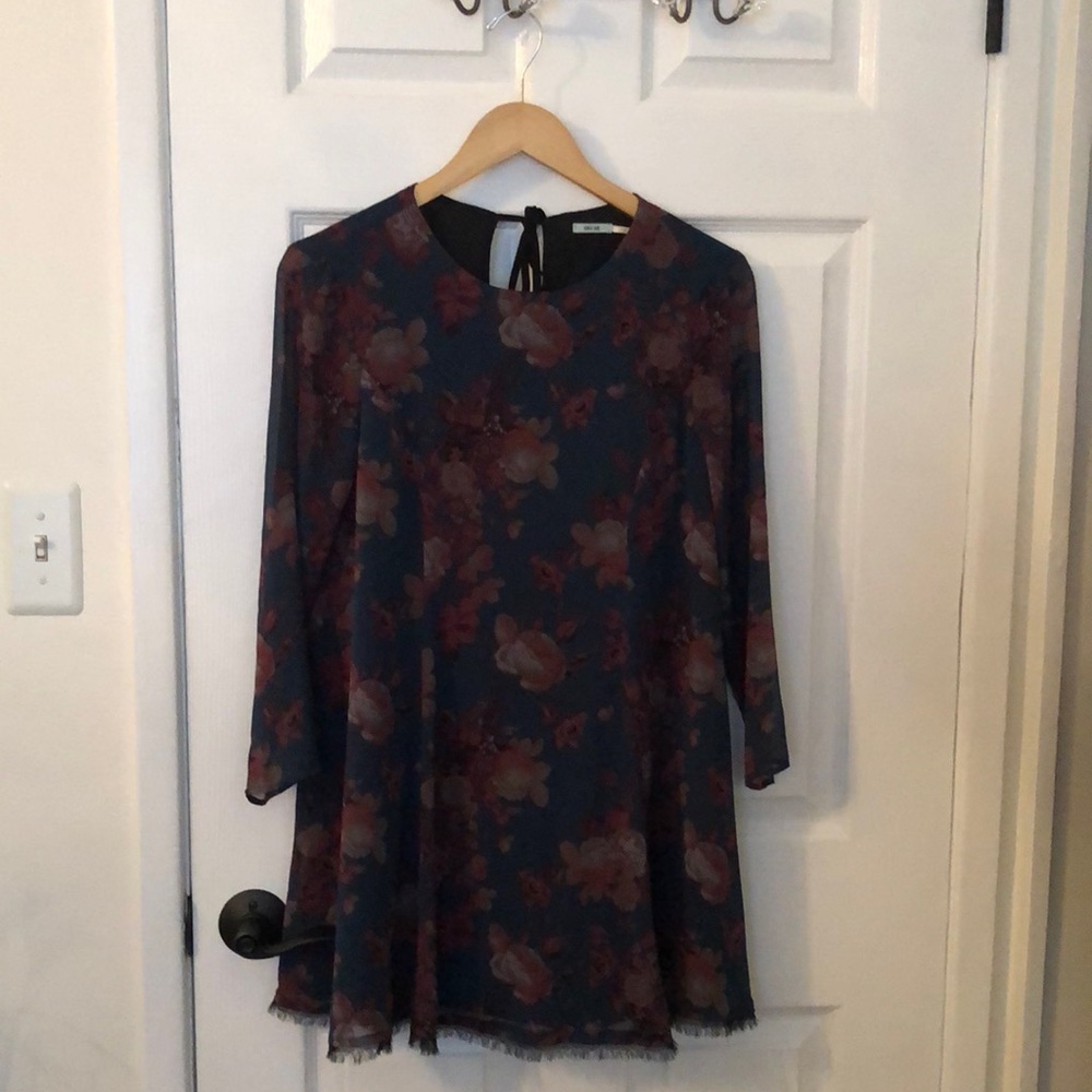 Kimchi Blue Mini Dress, Size S, Dark Green with Burgundy and Gray Floral Print.